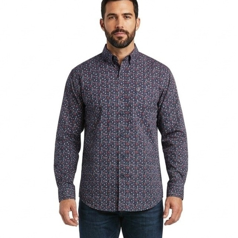 Ariat Button Down Shirt Blue Red Floral Stretch Long Sleeve - Large